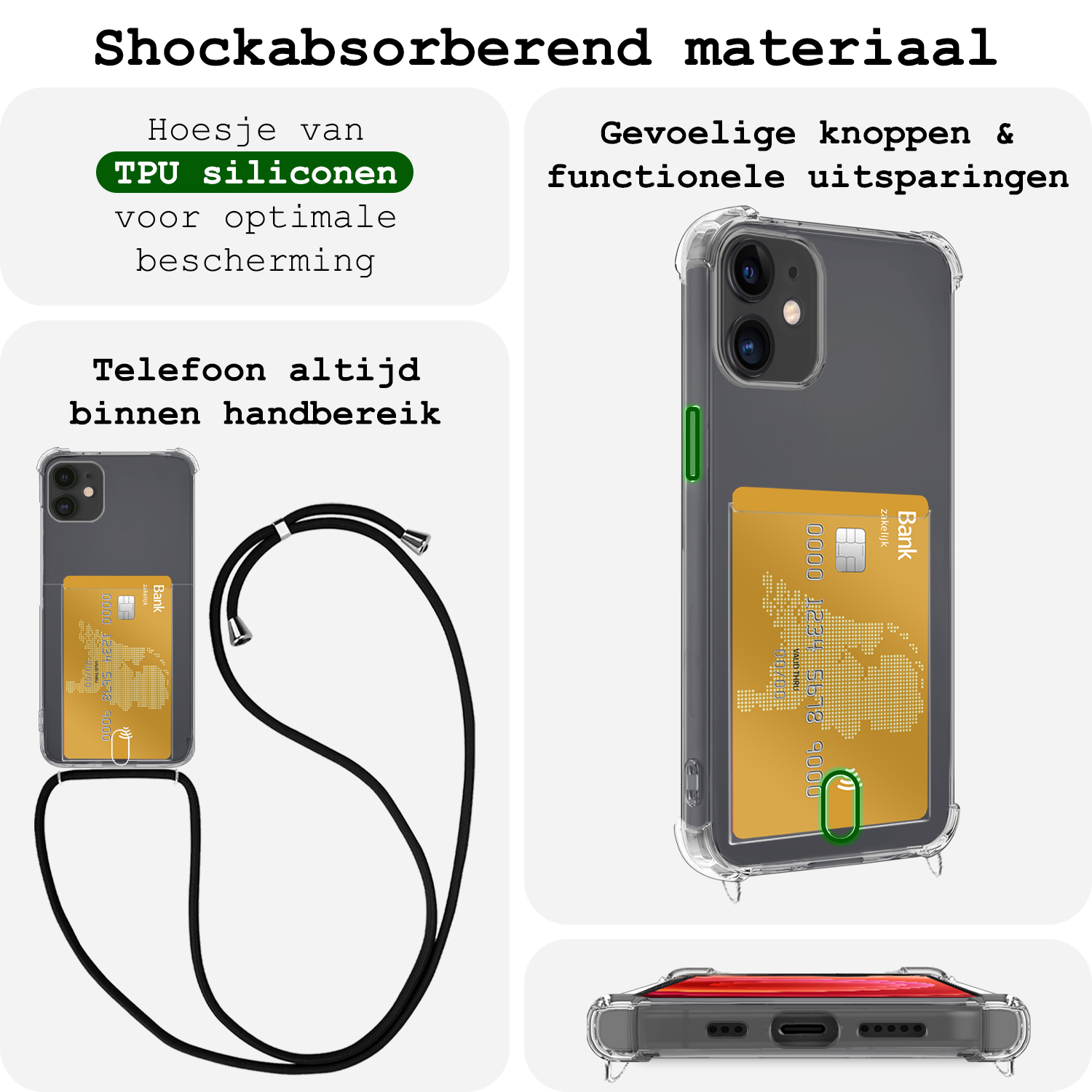 BASEY. Hoes Geschikt voor iPhone 12 Hoesje Pas Houder Shock Proof Case Hoes Met Koord Met Screenprotector - Hoesje Geschikt voor iPhone 12 Hoes Met Telefoonkoord Pasjeshouder Cover - Transparant