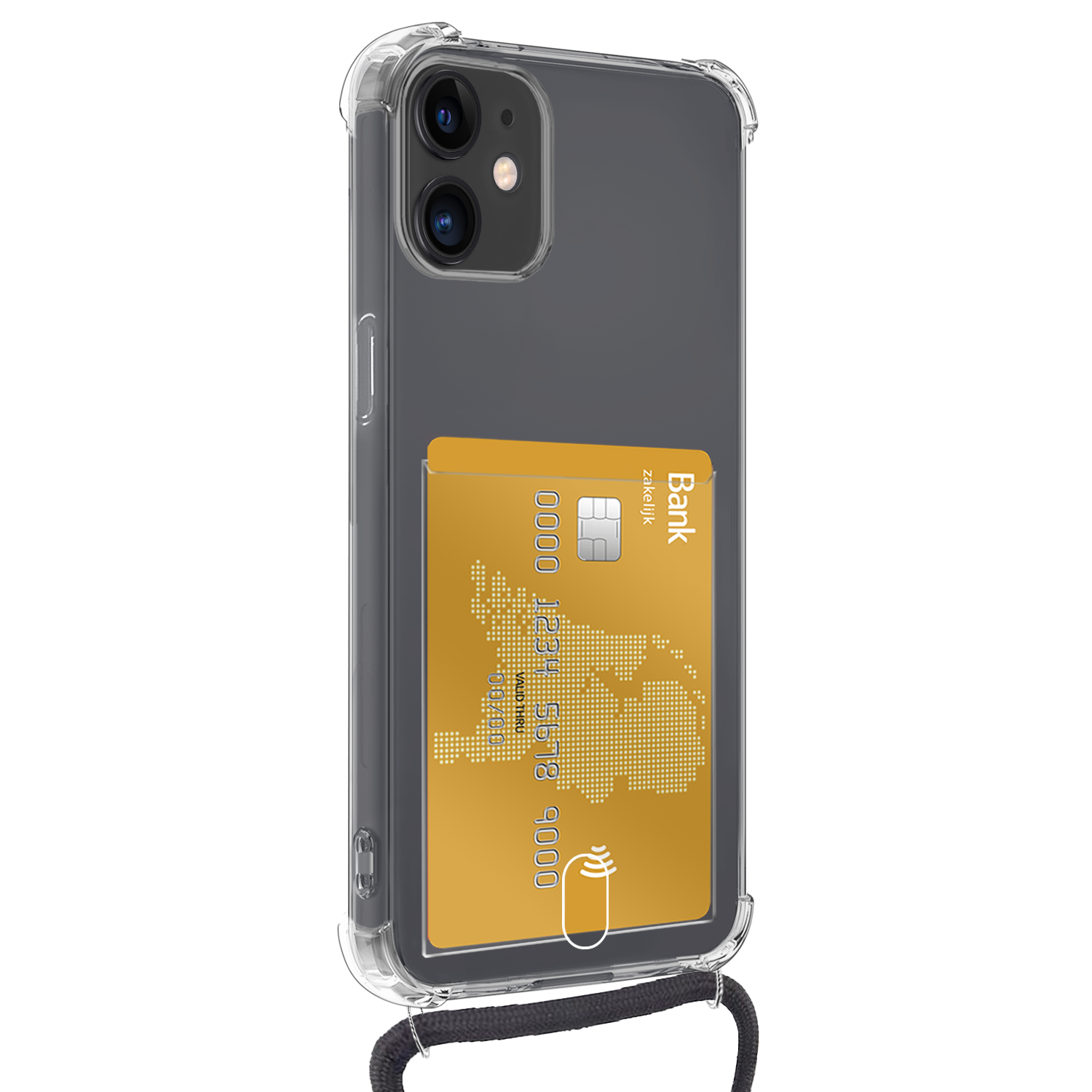 BASEY. Hoes Geschikt voor iPhone 12 Hoesje Pas Houder Shock Proof Case Hoes Met Koord - Hoesje Geschikt voor iPhone 12 Hoes Met Telefoonkoord Pasjeshouder Cover - Transparant