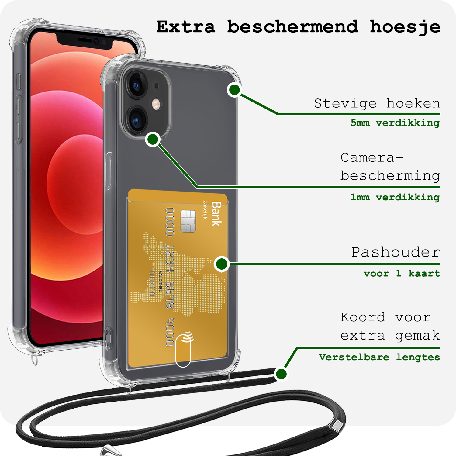 BASEY. Hoes Geschikt voor iPhone 12 Hoesje Pas Houder Shock Proof Case Hoes Met Koord - Hoesje Geschikt voor iPhone 12 Hoes Met Telefoonkoord Pasjeshouder Cover - Transparant