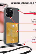 NoXx Hoes Geschikt voor iPhone 11 Pro Hoesje Pasjeshouder Cover Met Koord Shock Proof Case Siliconen Hoes Met Telefoonkoord en Kaarthouder - Transparant