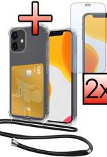 NoXx Hoes Geschikt voor iPhone 11 Hoesje Pasjeshouder Cover Met Koord Shock Proof Case Siliconen Hoes Met Telefoonkoord en Kaarthouder Met 2x Screenprotector - Transparant