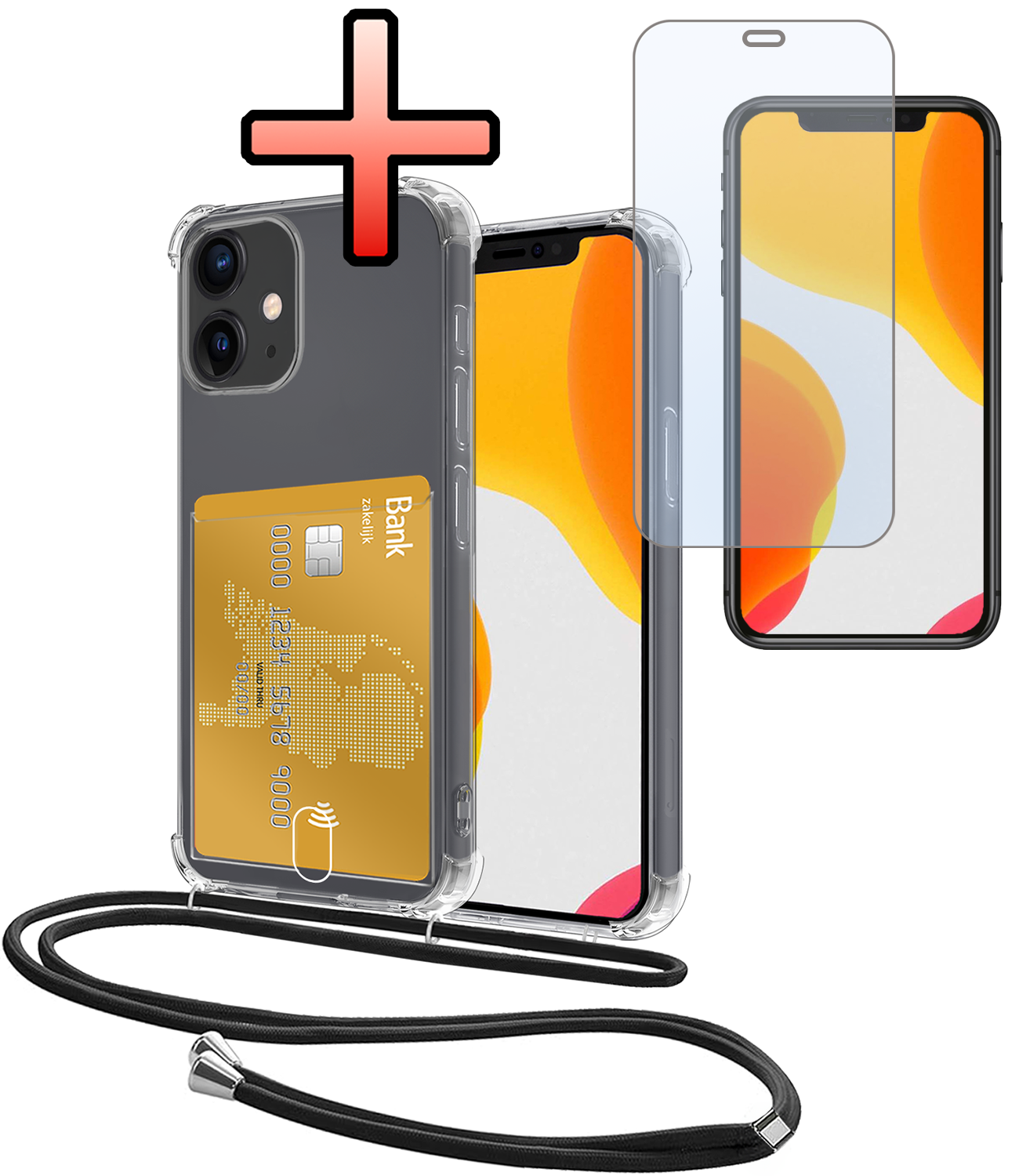 NoXx Hoes Geschikt voor iPhone 11 Hoesje Pasjeshouder Cover Met Koord Shock Proof Case Siliconen Hoes Met Telefoonkoord en Kaarthouder Met Screenprotector - Transparant