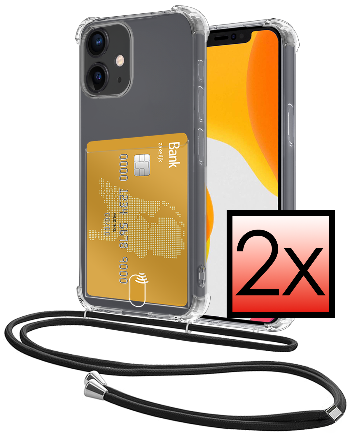 NoXx Hoes Geschikt voor iPhone 11 Hoesje Pasjeshouder Cover Met Koord Shock Proof Case Siliconen Hoes Met Telefoonkoord en Kaarthouder - Transparant - 2 PACK