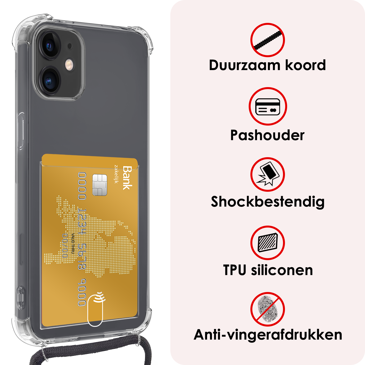 NoXx Hoes Geschikt voor iPhone 11 Hoesje Pasjeshouder Cover Met Koord Shock Proof Case Siliconen Hoes Met Telefoonkoord en Kaarthouder - Transparant