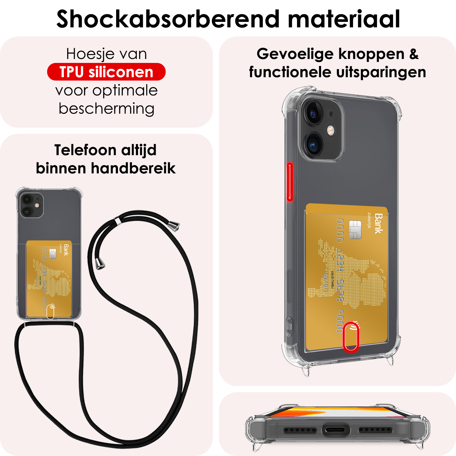 NoXx Hoes Geschikt voor iPhone 11 Hoesje Pasjeshouder Cover Met Koord Shock Proof Case Siliconen Hoes Met Telefoonkoord en Kaarthouder - Transparant