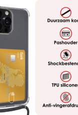 NoXx Hoes Geschikt voor iPhone 12 Pro Max Hoesje Pasjeshouder Cover Met Koord Shock Proof Case Siliconen Hoes Met Telefoonkoord en Kaarthouder Met 2x Screenprotector - Transparant
