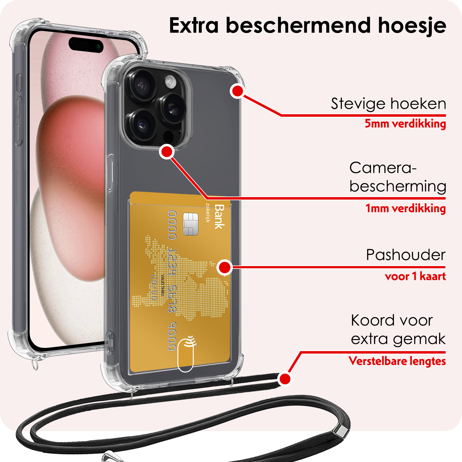 NoXx Hoes Geschikt voor iPhone 12 Pro Max Hoesje Pasjeshouder Cover Met Koord Shock Proof Case Siliconen Hoes Met Telefoonkoord en Kaarthouder Met 2x Screenprotector - Transparant
