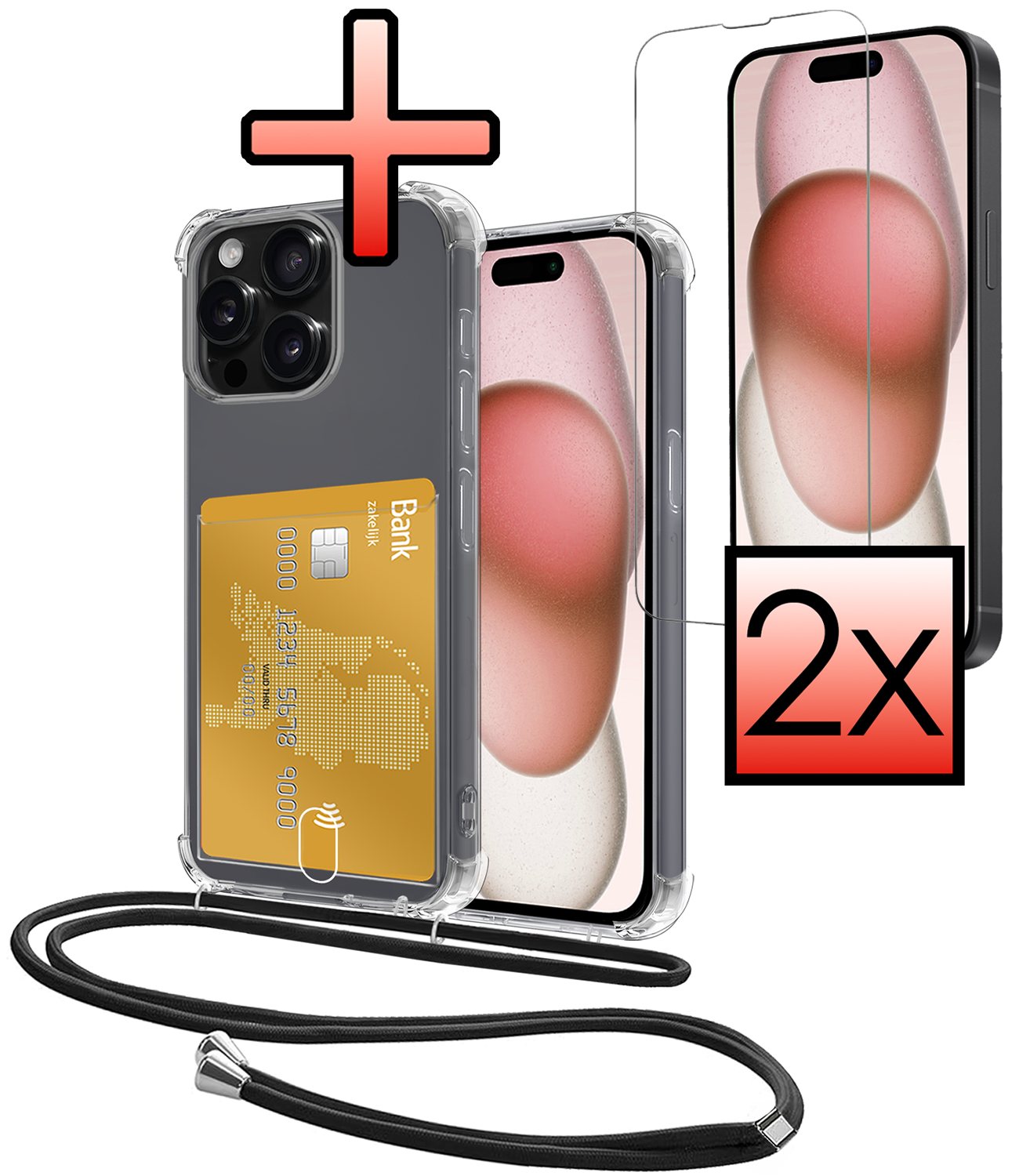 NoXx Hoes Geschikt voor iPhone 12 Pro Hoesje Pasjeshouder Cover Met Koord Shock Proof Case Siliconen Hoes Met Telefoonkoord en Kaarthouder Met 2x Screenprotector - Transparant