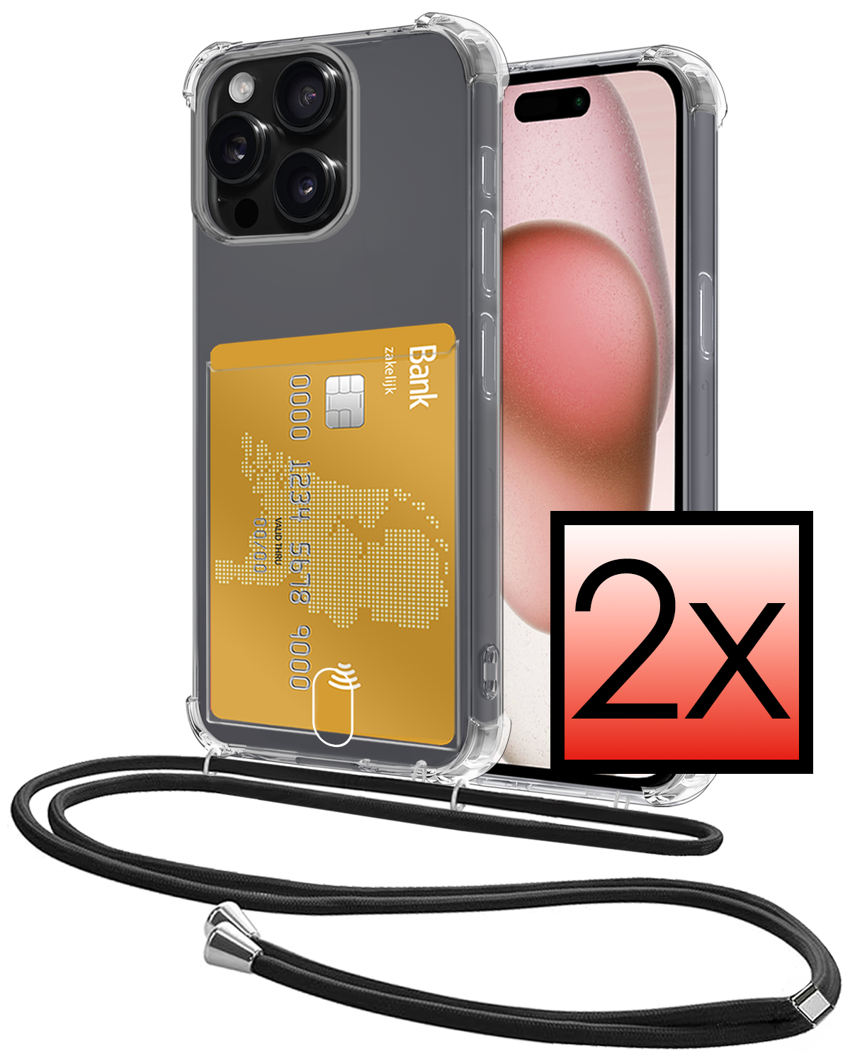 NoXx Hoes Geschikt voor iPhone 12 Pro Hoesje Pasjeshouder Cover Met Koord Shock Proof Case Siliconen Hoes Met Telefoonkoord en Kaarthouder - Transparant - 2 PACK