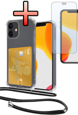 NoXx Hoes Geschikt voor iPhone 12 Mini Hoesje Pasjeshouder Cover Met Koord Shock Proof Case Siliconen Hoes Met Telefoonkoord en Kaarthouder Met Screenprotector - Transparant