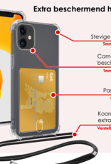 NoXx Hoes Geschikt voor iPhone 12 Mini Hoesje Pasjeshouder Cover Met Koord Shock Proof Case Siliconen Hoes Met Telefoonkoord en Kaarthouder Met Screenprotector - Transparant