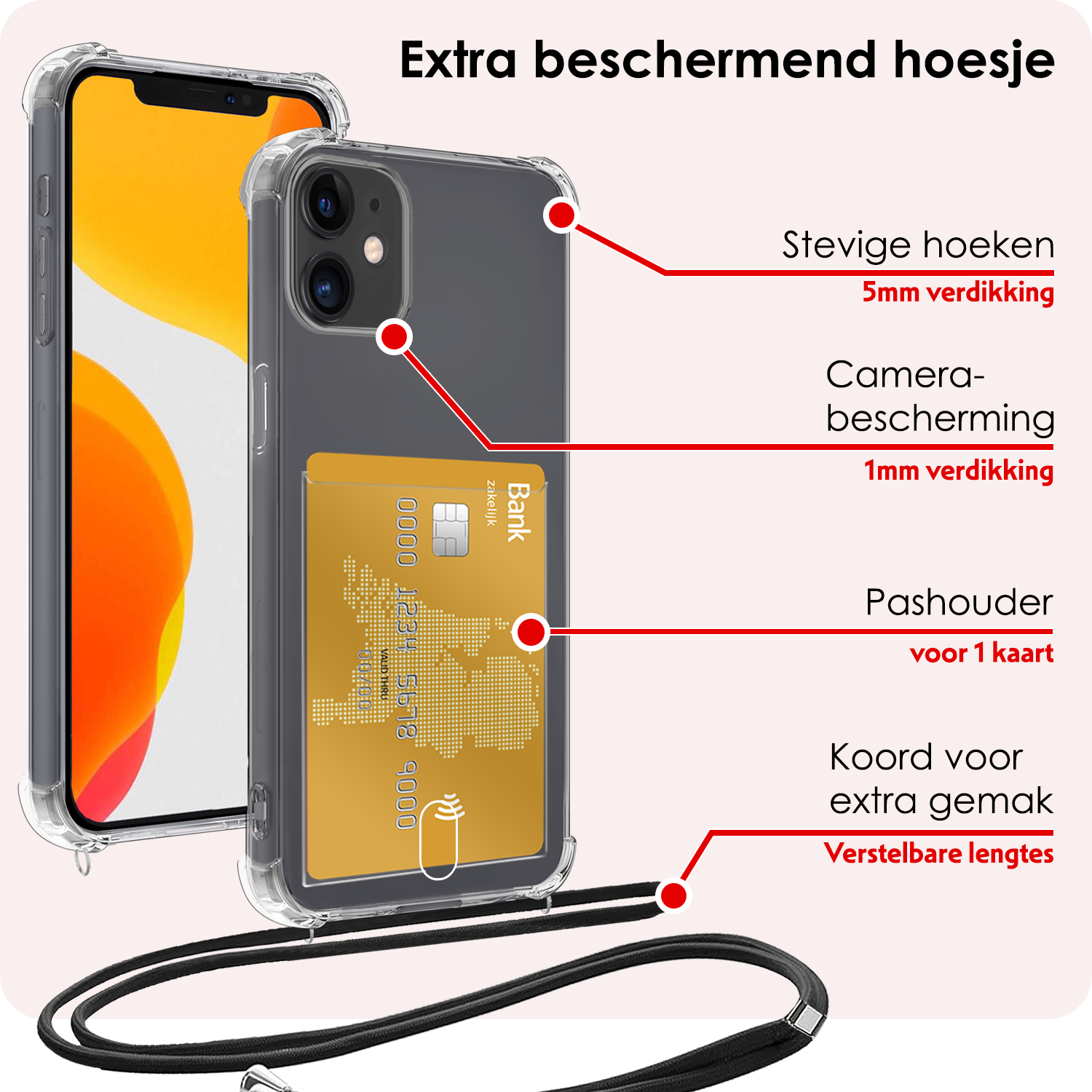 NoXx Hoes Geschikt voor iPhone 12 Mini Hoesje Pasjeshouder Cover Met Koord Shock Proof Case Siliconen Hoes Met Telefoonkoord en Kaarthouder Met Screenprotector - Transparant