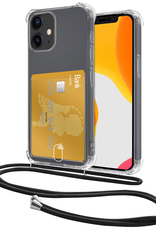 NoXx Hoes Geschikt voor iPhone 12 Mini Hoesje Pasjeshouder Cover Met Koord Shock Proof Case Siliconen Hoes Met Telefoonkoord en Kaarthouder - Transparant