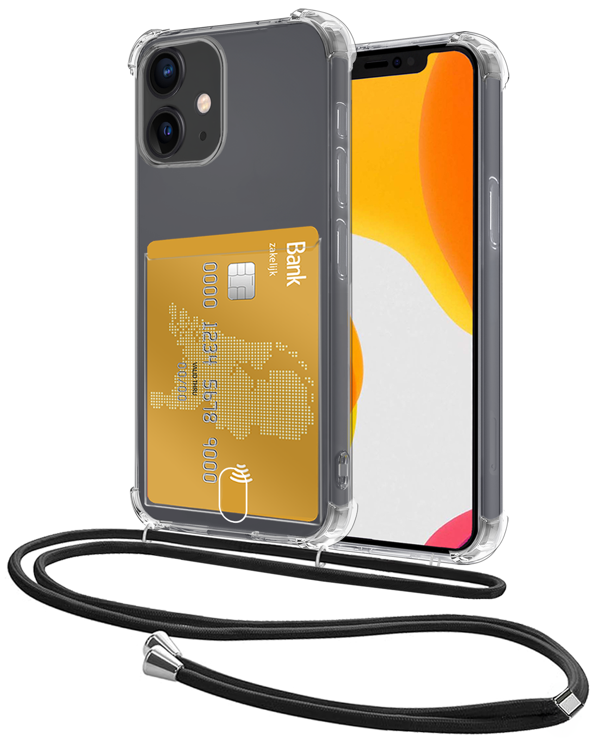 NoXx Hoes Geschikt voor iPhone 12 Mini Hoesje Pasjeshouder Cover Met Koord Shock Proof Case Siliconen Hoes Met Telefoonkoord en Kaarthouder - Transparant