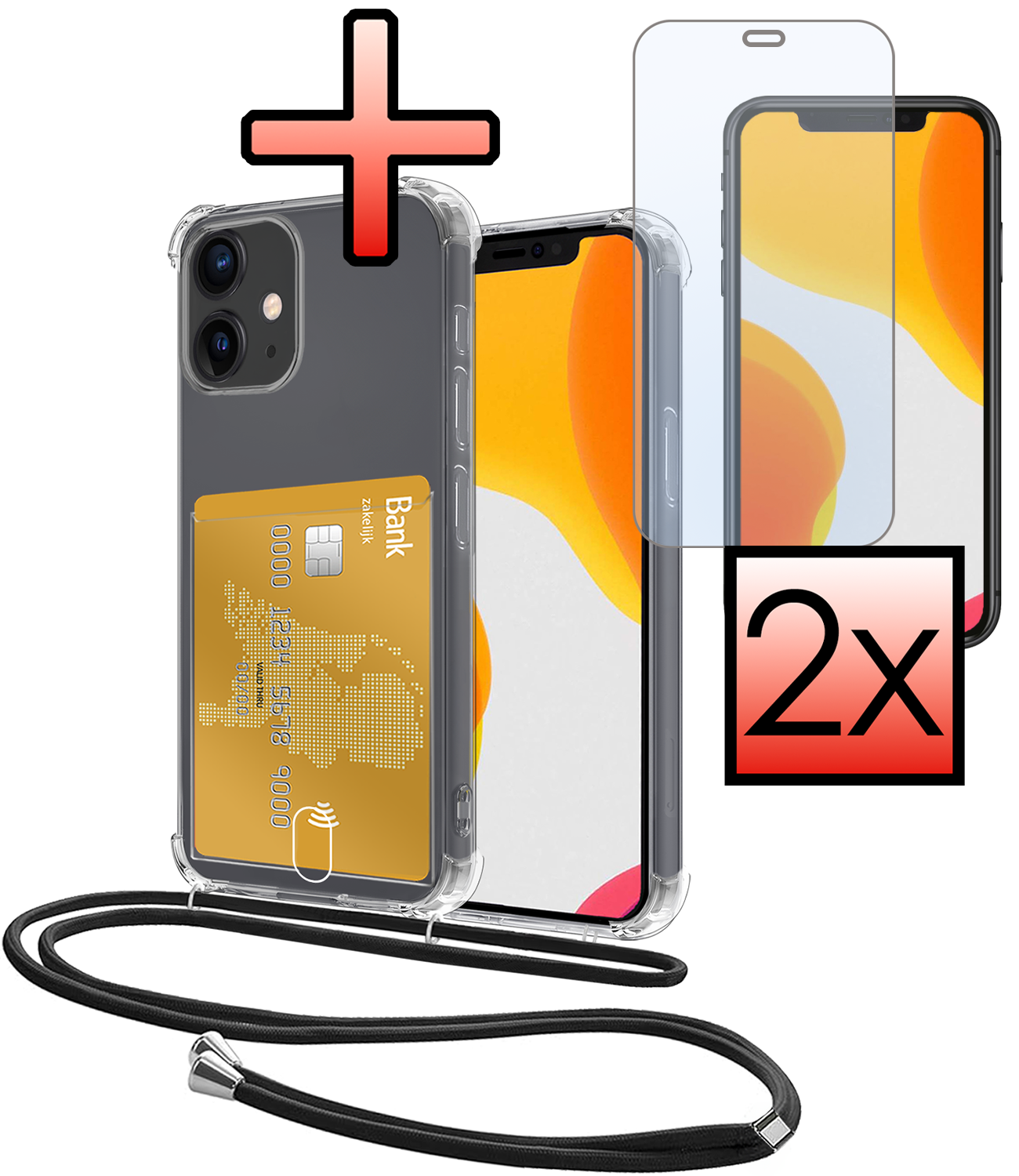 NoXx Hoes Geschikt voor iPhone 12 Hoesje Pasjeshouder Cover Met Koord Shock Proof Case Siliconen Hoes Met Telefoonkoord en Kaarthouder Met 2x Screenprotector - Transparant