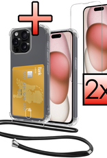 NoXx Hoes Geschikt voor iPhone 13 Pro Hoesje Pasjeshouder Cover Met Koord Shock Proof Case Siliconen Hoes Met Telefoonkoord en Kaarthouder Met 2x Screenprotector - Transparant