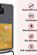 NoXx Hoes Geschikt voor iPhone 13 Mini Hoesje Pasjeshouder Cover Met Koord Shock Proof Case Siliconen Hoes Met Telefoonkoord en Kaarthouder - Transparant