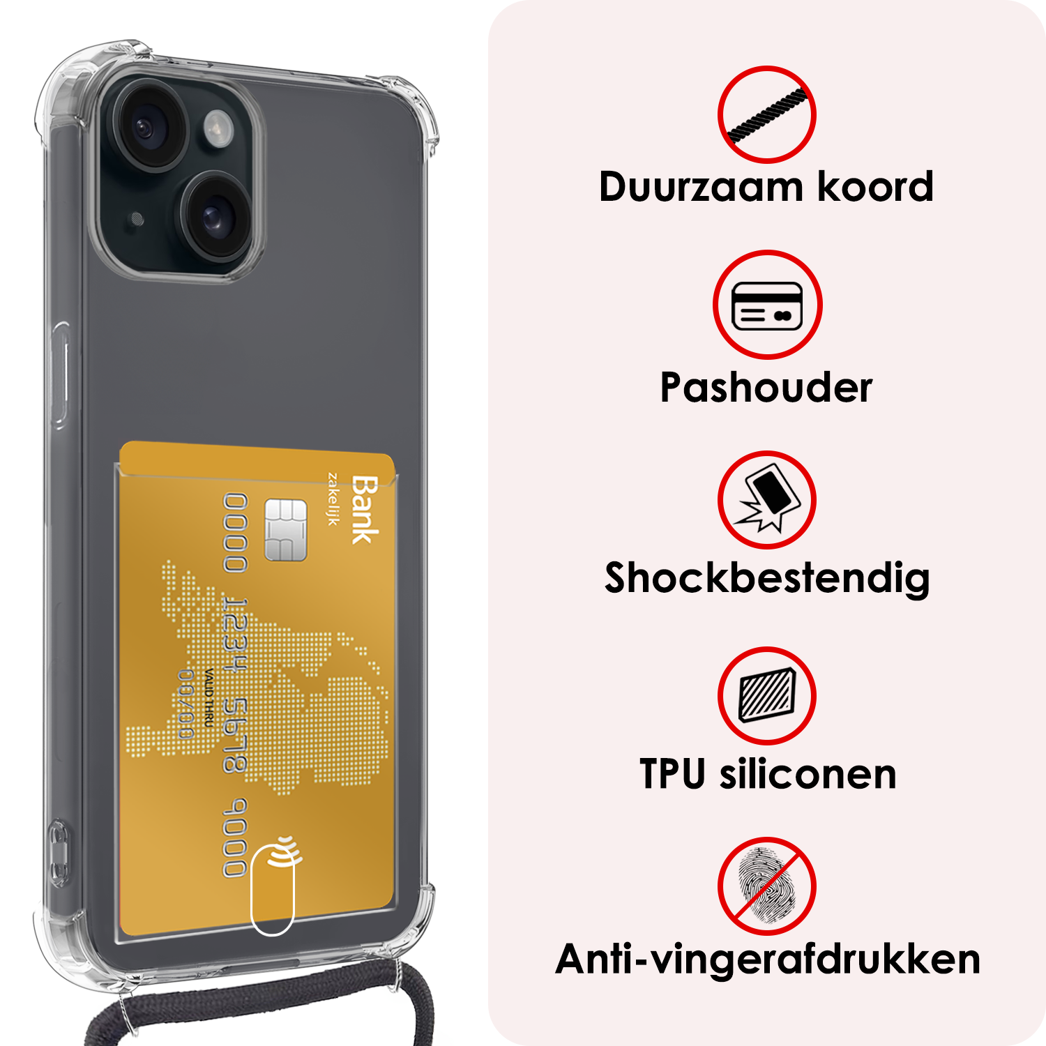 NoXx Hoes Geschikt voor iPhone 13 Mini Hoesje Pasjeshouder Cover Met Koord Shock Proof Case Siliconen Hoes Met Telefoonkoord en Kaarthouder - Transparant