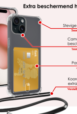 NoXx Hoes Geschikt voor iPhone 13 Mini Hoesje Pasjeshouder Cover Met Koord Shock Proof Case Siliconen Hoes Met Telefoonkoord en Kaarthouder - Transparant