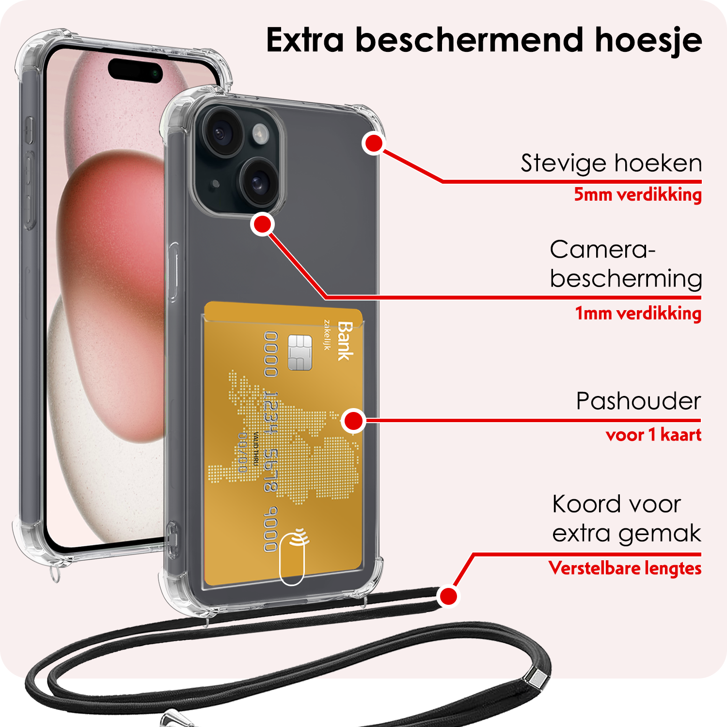 NoXx Hoes Geschikt voor iPhone 13 Mini Hoesje Pasjeshouder Cover Met Koord Shock Proof Case Siliconen Hoes Met Telefoonkoord en Kaarthouder - Transparant