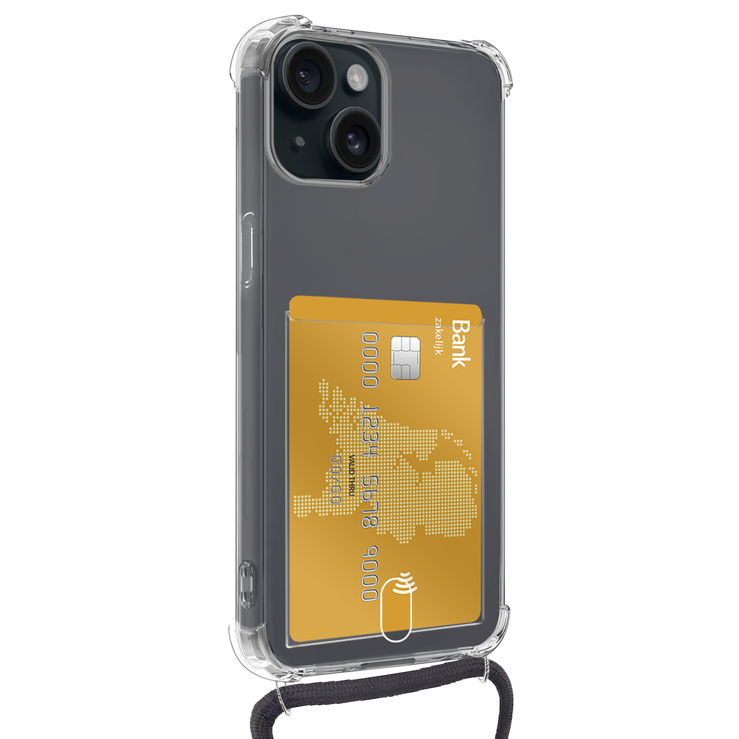 NoXx Hoes Geschikt voor iPhone 13 Mini Hoesje Pasjeshouder Cover Met Koord Shock Proof Case Siliconen Hoes Met Telefoonkoord en Kaarthouder - Transparant