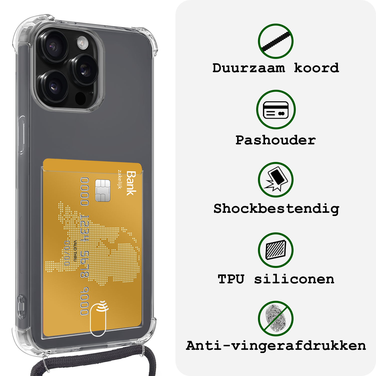 BASEY. Hoes Geschikt voor iPhone 13 Pro Max Hoesje Pas Houder Shock Proof Case Hoes Met Koord Met Screenprotector - Hoesje Geschikt voor iPhone 13 Pro Max Hoes Met Telefoonkoord Pasjeshouder Cover - Transparant