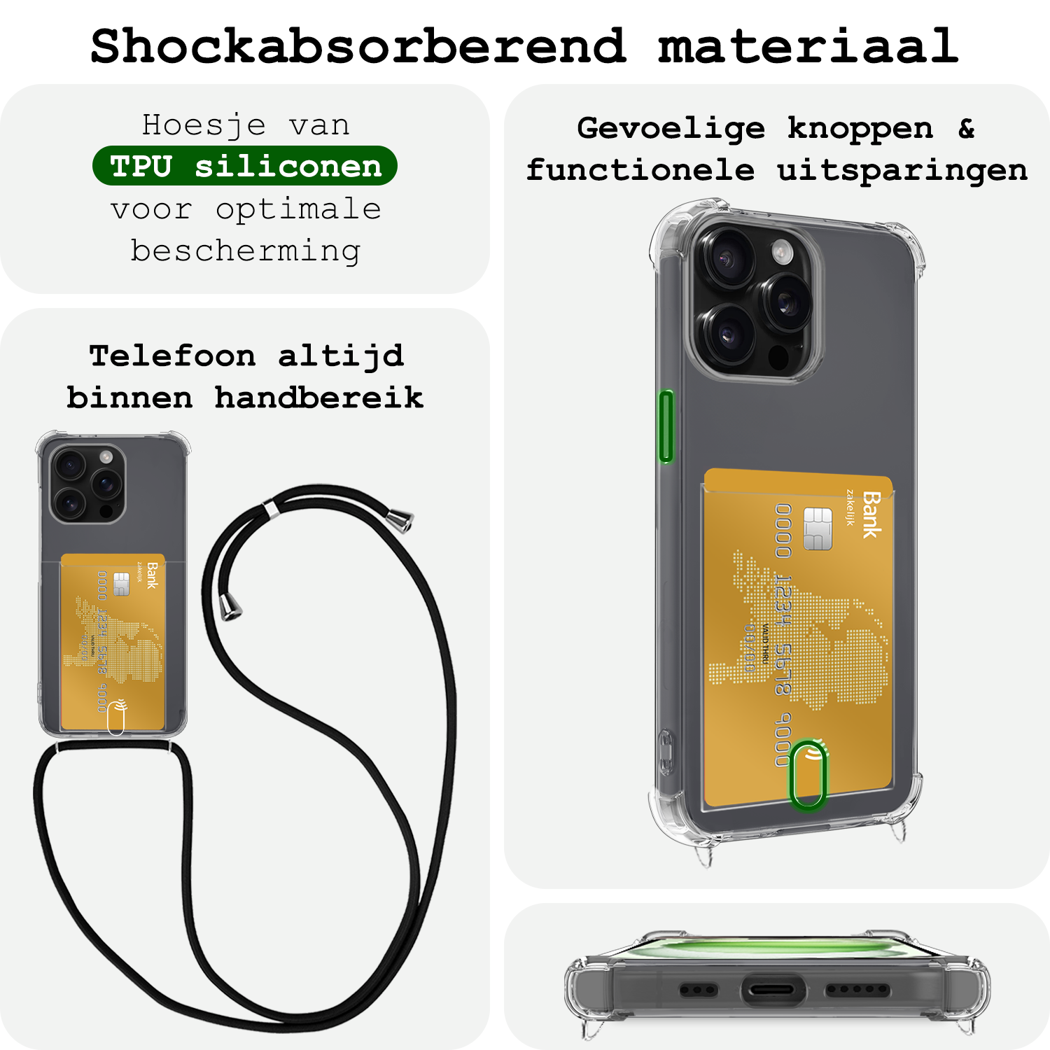 BASEY. Hoes Geschikt voor iPhone 13 Pro Hoesje Pas Houder Shock Proof Case Hoes Met Koord Met Screenprotector - Hoesje Geschikt voor iPhone 13 Pro Hoes Met Telefoonkoord Pasjeshouder Cover - Transparant