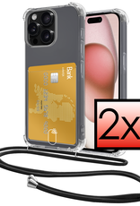 NoXx Hoes Geschikt voor iPhone 14 Pro Max Hoesje Pasjeshouder Cover Met Koord Shock Proof Case Siliconen Hoes Met Telefoonkoord en Kaarthouder - Transparant - 2 PACK
