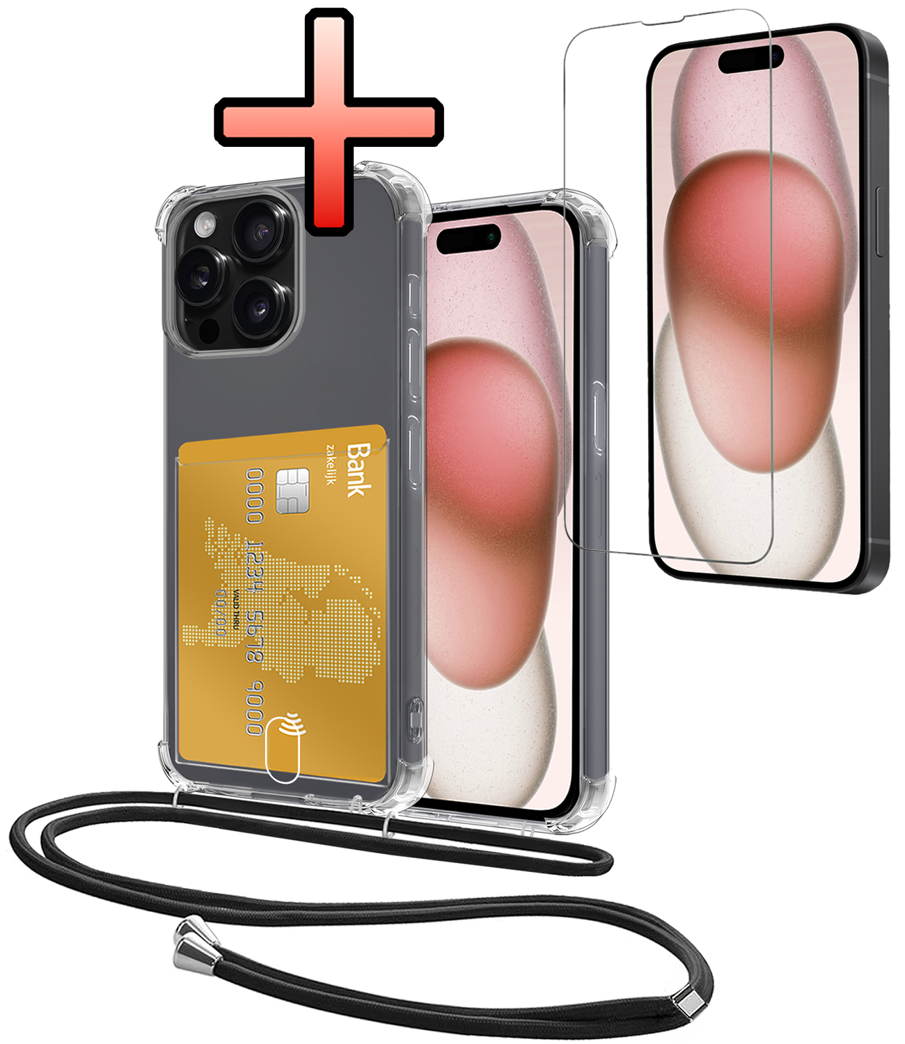 NoXx Hoes Geschikt voor iPhone 15 Pro Hoesje Pasjeshouder Cover Met Koord Shock Proof Case Siliconen Hoes Met Telefoonkoord en Kaarthouder Met Screenprotector - Transparant