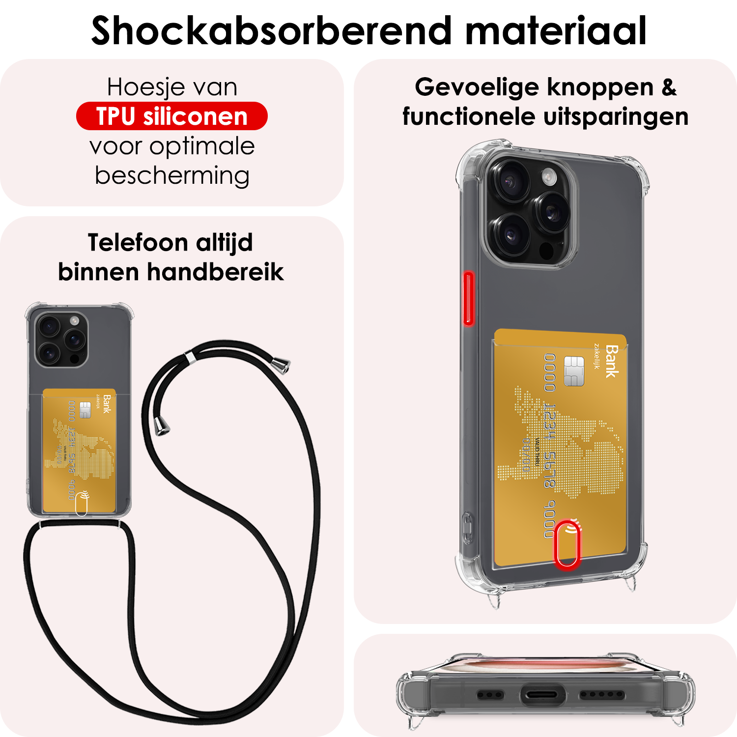 NoXx Hoes Geschikt voor iPhone 15 Pro Hoesje Pasjeshouder Cover Met Koord Shock Proof Case Siliconen Hoes Met Telefoonkoord en Kaarthouder Met 2x Screenprotector - Transparant
