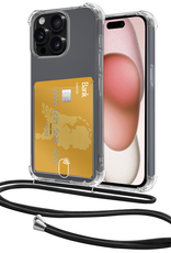 NoXx Hoes Geschikt voor iPhone 15 Pro Hoesje Pasjeshouder Cover Met Koord Shock Proof Case Siliconen Hoes Met Telefoonkoord en Kaarthouder - Transparant