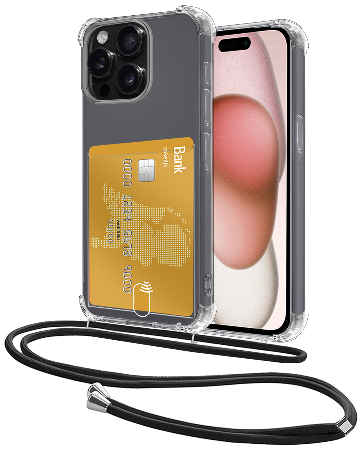 NoXx Hoes Geschikt voor iPhone 15 Pro Hoesje Pasjeshouder Cover Met Koord Shock Proof Case Siliconen Hoes Met Telefoonkoord en Kaarthouder - Transparant