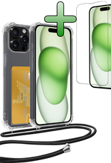 BASEY. Hoes Geschikt voor iPhone 14 Pro Hoesje Pas Houder Shock Proof Case Hoes Met Koord Met Screenprotector - Hoesje Geschikt voor iPhone 14 Pro Hoes Met Telefoonkoord Pasjeshouder Cover - Transparant