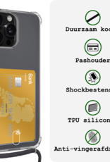 BASEY. Hoes Geschikt voor iPhone 14 Pro Hoesje Pas Houder Shock Proof Case Hoes Met Koord Met Screenprotector - Hoesje Geschikt voor iPhone 14 Pro Hoes Met Telefoonkoord Pasjeshouder Cover - Transparant