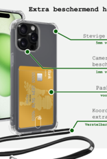BASEY. Hoes Geschikt voor iPhone 14 Pro Hoesje Pas Houder Shock Proof Case Hoes Met Koord Met Screenprotector - Hoesje Geschikt voor iPhone 14 Pro Hoes Met Telefoonkoord Pasjeshouder Cover - Transparant