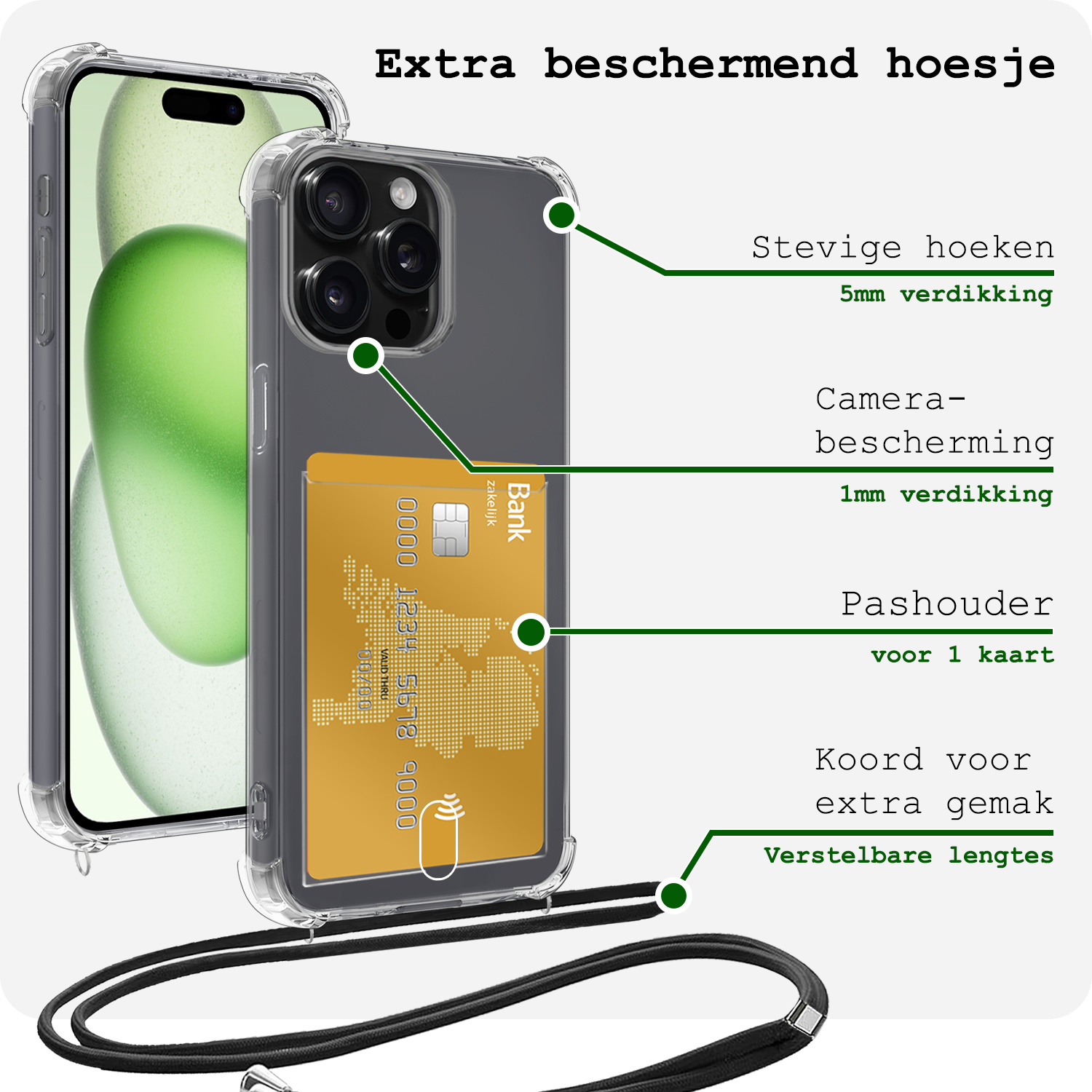 BASEY. Hoes Geschikt voor iPhone 14 Pro Hoesje Pas Houder Shock Proof Case Hoes Met Koord Met Screenprotector - Hoesje Geschikt voor iPhone 14 Pro Hoes Met Telefoonkoord Pasjeshouder Cover - Transparant