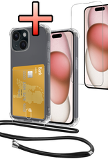 NoXx Hoes Geschikt voor iPhone 15 Plus Hoesje Pasjeshouder Cover Met Koord Shock Proof Case Siliconen Hoes Met Telefoonkoord en Kaarthouder Met Screenprotector - Transparant