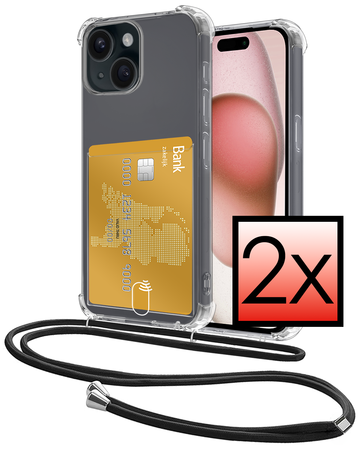 NoXx Hoes Geschikt voor iPhone 15 Plus Hoesje Pasjeshouder Cover Met Koord Shock Proof Case Siliconen Hoes Met Telefoonkoord en Kaarthouder - Transparant - 2 PACK