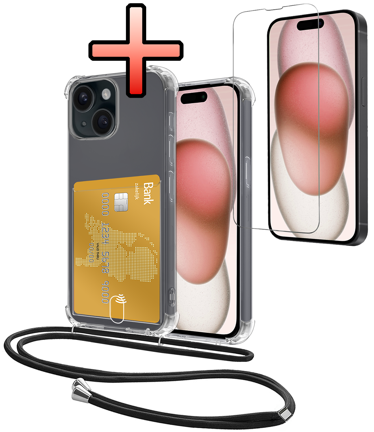 NoXx Hoes Geschikt voor iPhone 15 Hoesje Pasjeshouder Cover Met Koord Shock Proof Case Siliconen Hoes Met Telefoonkoord en Kaarthouder Met Screenprotector - Transparant