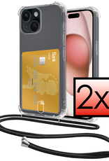 NoXx Hoes Geschikt voor iPhone 15 Hoesje Pasjeshouder Cover Met Koord Shock Proof Case Siliconen Hoes Met Telefoonkoord en Kaarthouder - Transparant - 2 PACK