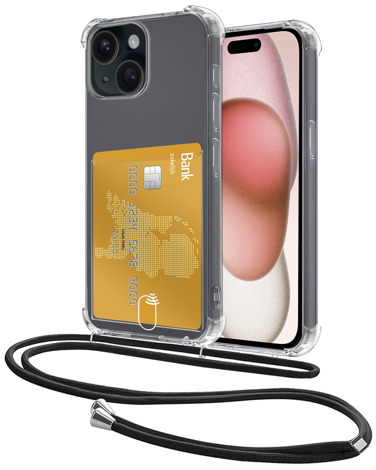 NoXx Hoes Geschikt voor iPhone 15 Hoesje Pasjeshouder Cover Met Koord Shock Proof Case Siliconen Hoes Met Telefoonkoord en Kaarthouder - Transparant