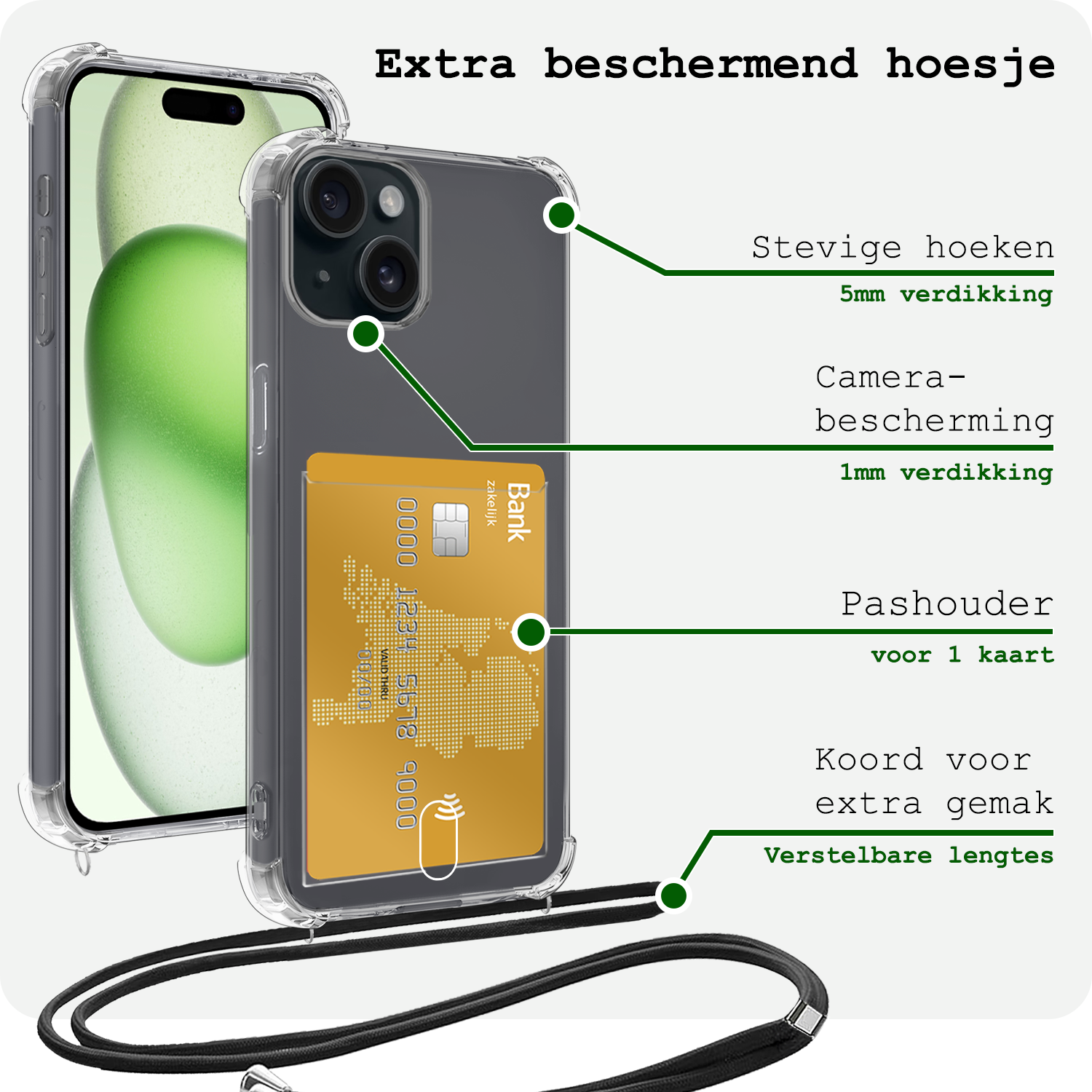 BASEY. Hoes Geschikt voor iPhone 14 Hoesje Pas Houder Shock Proof Case Hoes Met Koord Met 2x Screenprotector - Hoesje Geschikt voor iPhone 14 Hoes Met Telefoonkoord Pasjeshouder Cover - Transparant