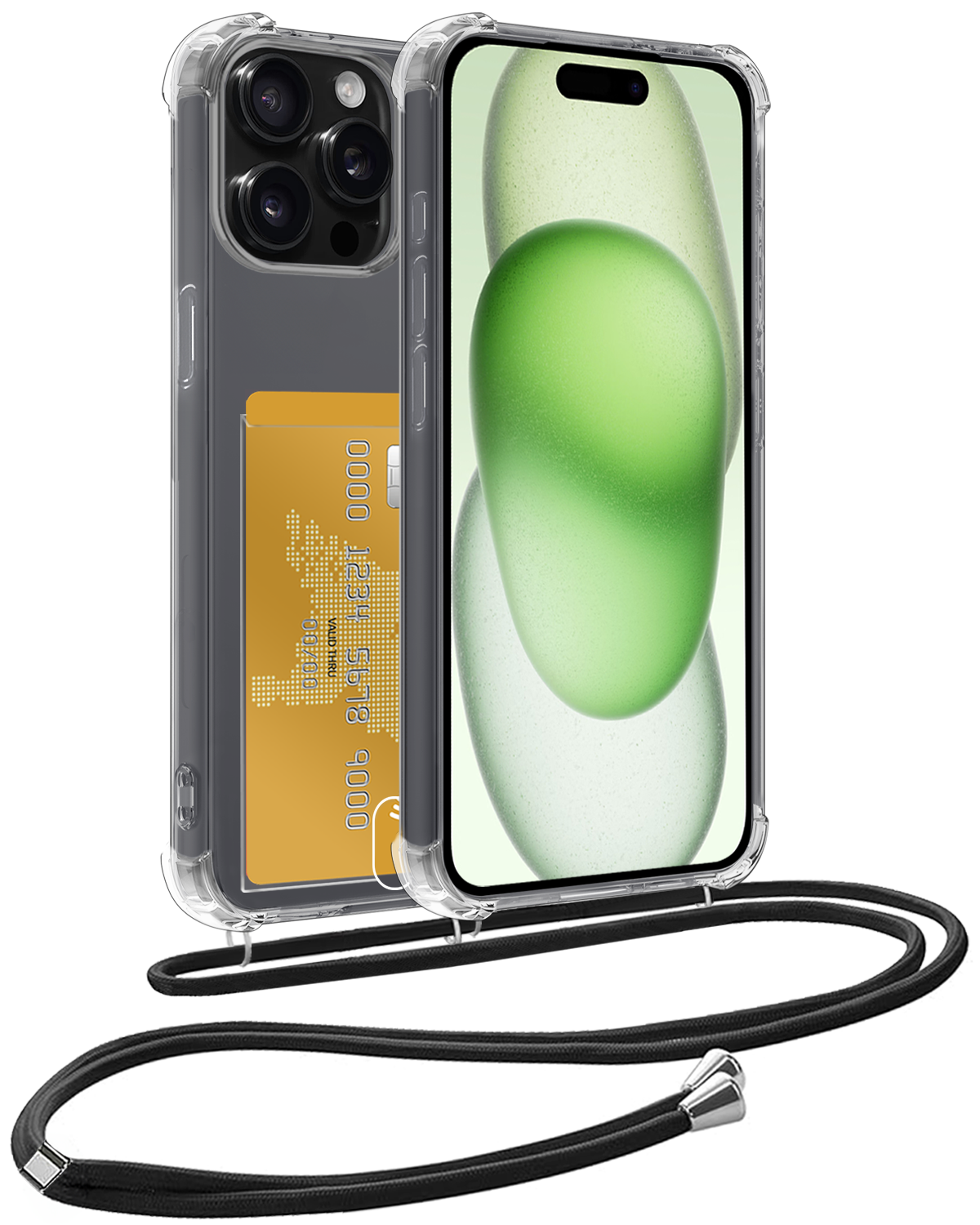 BASEY. Hoes Geschikt voor iPhone 15 Pro Max Hoesje Pas Houder Shock Proof Case Hoes Met Koord - Hoesje Geschikt voor iPhone 15 Pro Max Hoes Met Telefoonkoord Pasjeshouder Cover - Transparant