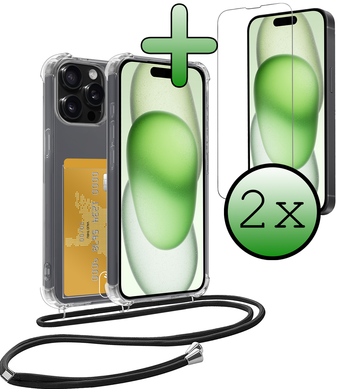BASEY. Hoes Geschikt voor iPhone 15 Pro Hoesje Pas Houder Shock Proof Case Hoes Met Koord Met 2x Screenprotector - Hoesje Geschikt voor iPhone 15 Pro Hoes Met Telefoonkoord Pasjeshouder Cover - Transparant