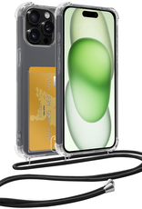 BASEY. Hoes Geschikt voor iPhone 15 Pro Hoesje Pas Houder Shock Proof Case Hoes Met Koord - Hoesje Geschikt voor iPhone 15 Pro Hoes Met Telefoonkoord Pasjeshouder Cover - Transparant