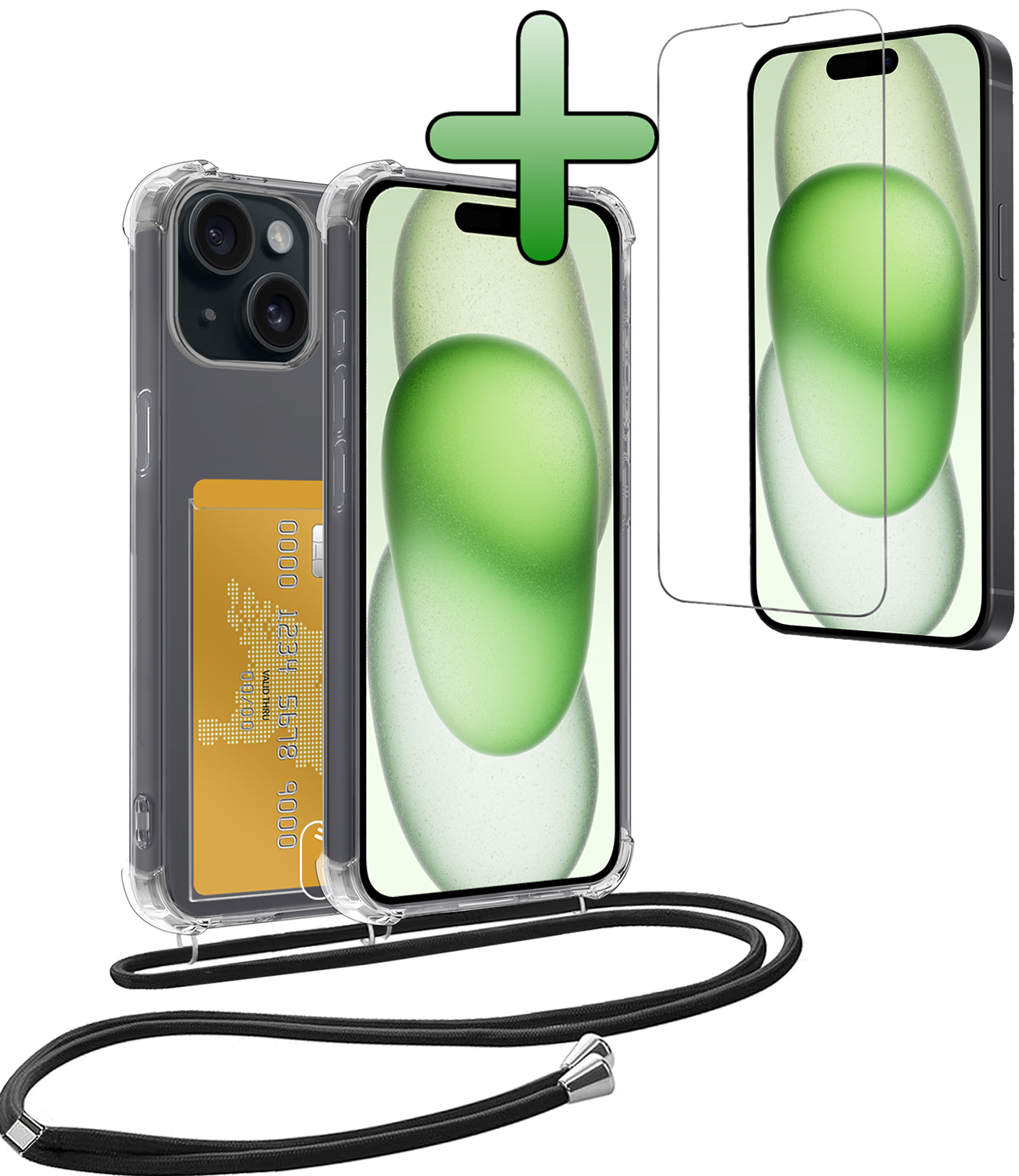 BASEY. Hoes Geschikt voor iPhone 15 Plus Hoesje Pas Houder Shock Proof Case Hoes Met Koord Met Screenprotector - Hoesje Geschikt voor iPhone 15 Plus Hoes Met Telefoonkoord Pasjeshouder Cover - Transparant