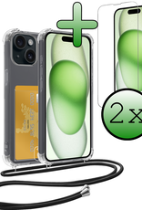 BASEY. Hoes Geschikt voor iPhone 15 Hoesje Pas Houder Shock Proof Case Hoes Met Koord Met 2x Screenprotector - Hoesje Geschikt voor iPhone 15 Hoes Met Telefoonkoord Pasjeshouder Cover - Transparant