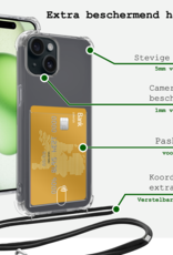 BASEY. Hoes Geschikt voor iPhone 15 Hoesje Pas Houder Shock Proof Case Hoes Met Koord Met 2x Screenprotector - Hoesje Geschikt voor iPhone 15 Hoes Met Telefoonkoord Pasjeshouder Cover - Transparant