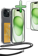 BASEY. Hoes Geschikt voor iPhone 15 Hoesje Pas Houder Shock Proof Case Hoes Met Koord Met Screenprotector - Hoesje Geschikt voor iPhone 15 Hoes Met Telefoonkoord Pasjeshouder Cover - Transparant