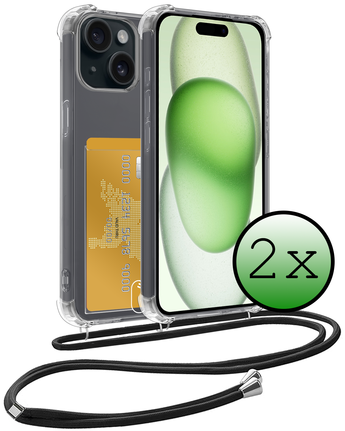 BASEY. Hoes Geschikt voor iPhone 15 Hoesje Pas Houder Shock Proof Case Hoes Met Koord - Hoesje Geschikt voor iPhone 15 Hoes Met Telefoonkoord Pasjeshouder Cover - Transparant - 2 Stuks